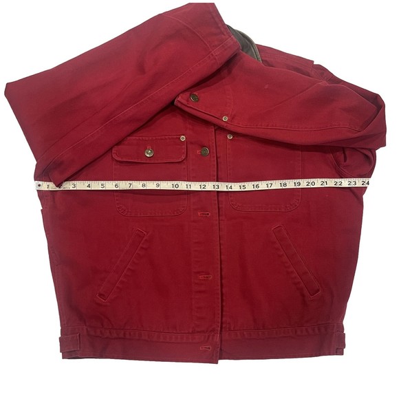 Vintage Jones Jeans Women's Red Denim Jacket Metal Buttons Leather Colla… - Picture 9 of 13